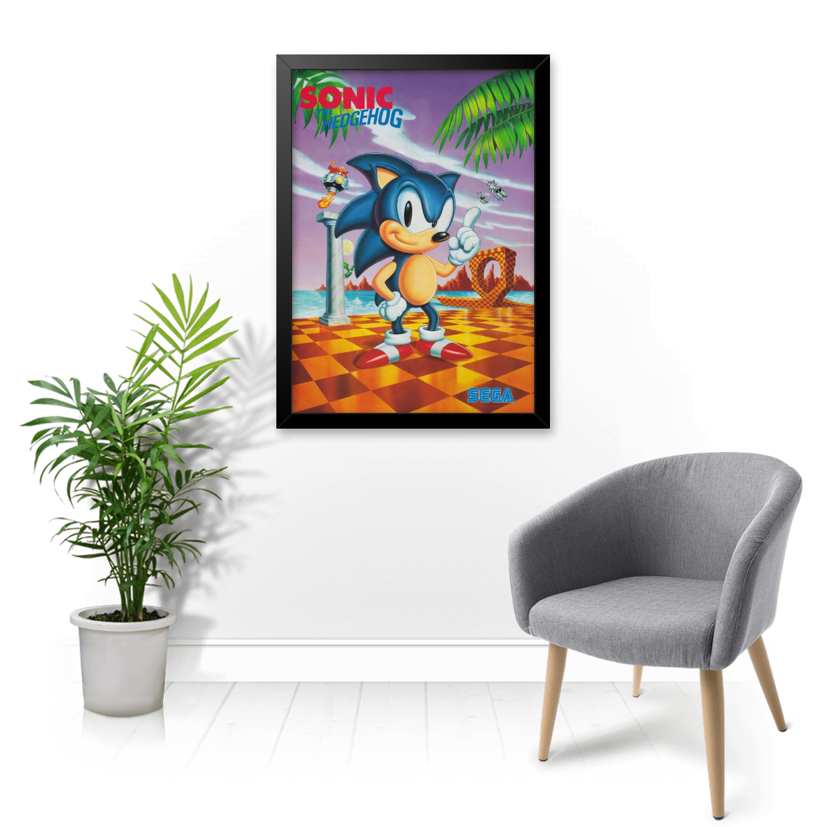 Quadro decorativo com moldura e vidro Sonic Mega Drive pôster