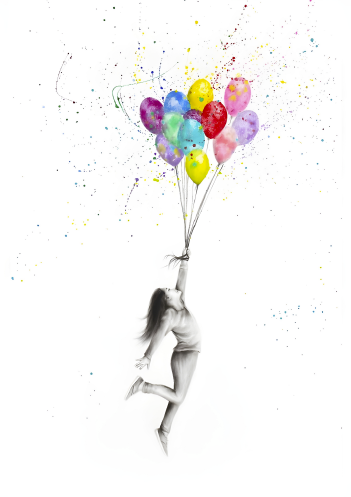 menina com balões de tintas multicoloridas. respingo de aquarela